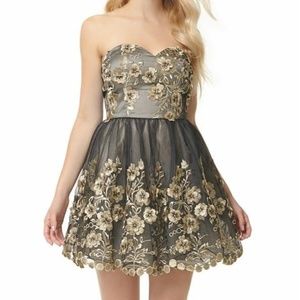 Chi Chi London Strapless Green Gold Floral Dress